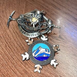 2 Vintage Hiking Brooch Garmisch ski school Germany Edelweiss flower Hat Pins